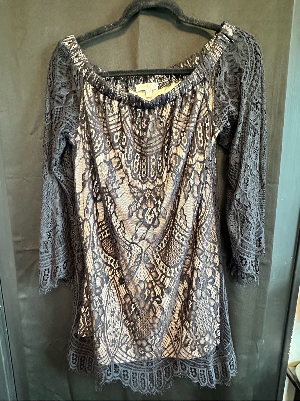 love, Fire Black Lace Off the Shoulder Dress with Cream Lining